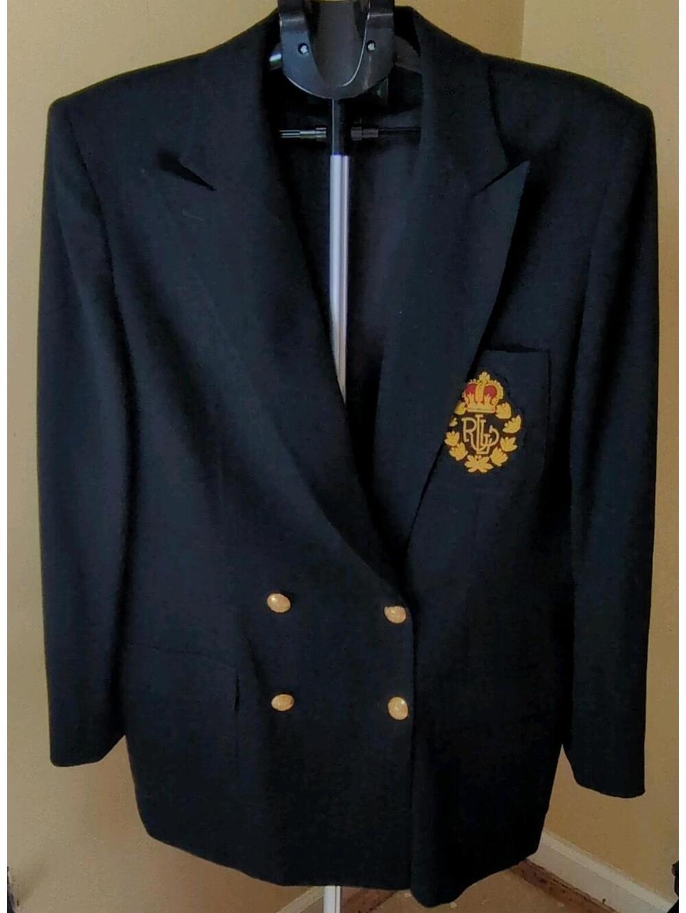 Ralph Lauren Double-Breasted Black Blazer Gold Buttons Women's 16